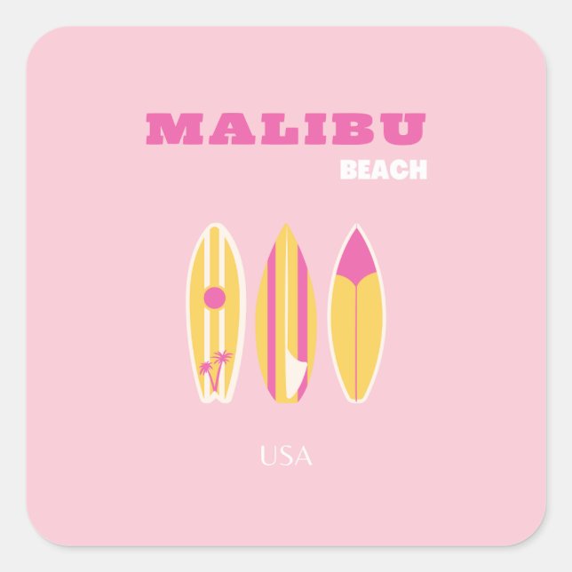 Pegatina Cuadrada Malibu, Playa Malibu, Preppy, Rosa (Anverso)