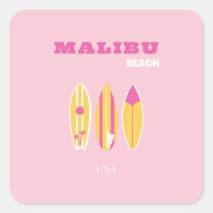 Pegatina Cuadrada Malibu, Playa Malibu, Preppy, Rosa