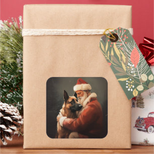 Pegatina Cuadrada Malinois Belga Con Santa Claus Festivo Navidad