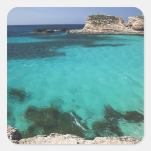 Pegatina Cuadrada Malta, Isla de Comino, La Laguna Azul