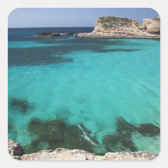 Pegatina Cuadrada Malta, Isla de Comino, La Laguna Azul (Anverso)