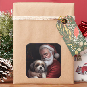 Pegatina Cuadrada Malti Tzu Con Santa Claus Navideño Festivo