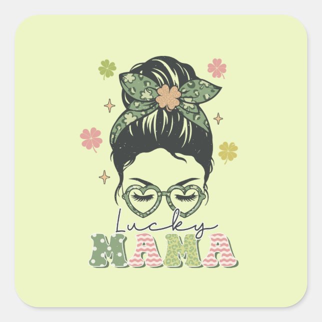 Pegatina Cuadrada Mamá afortunada - Messy Bun - Clover St. Patrick (Anverso)