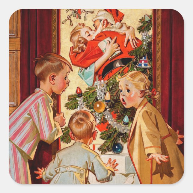 Pegatina Cuadrada Mamá besa a Santa Claus (Anverso)