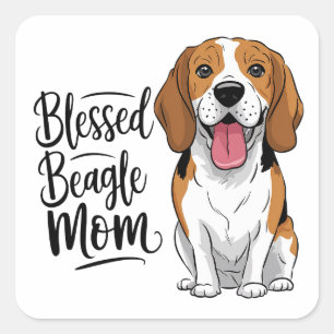 Pegatina Cuadrada Mamá de Beagle Afortunada Cute Dibujo de Perro Ama