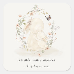 Pegatina Cuadrada Mamá de bebé suave lindo Bunny Floral Wreath Baby 