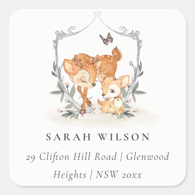 Pegatina Cuadrada Mamá Deer Fawn Escudo Floral Dirección Baby Shower (Anverso)