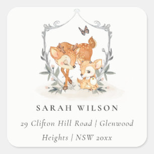 Pegatina Cuadrada Mamá Deer Fawn Escudo Floral Dirección Baby Shower