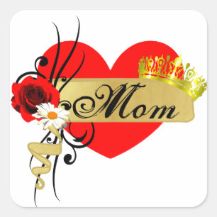 Pegatina Cuadrada Mamá Día de la Madre Gran Corazón Rojo Rosa Despla