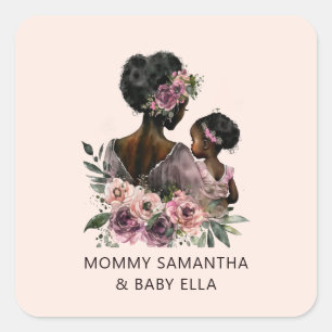 Pegatina Cuadrada Mamá floral personalizada y bebé