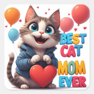 Pegatina Cuadrada Mamá Gata Amor Gatito Con Corazón 🐾