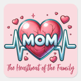 Pegatina Cuadrada Mamá latido de la familia con corazón rojo