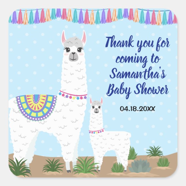 Pegatina Cuadrada Mama Llama y Baby Blue Polka Dot Baby Shower (Anverso)