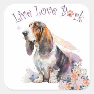 Pegatina Cuadrada Mamá Perro Basset Hound Floral