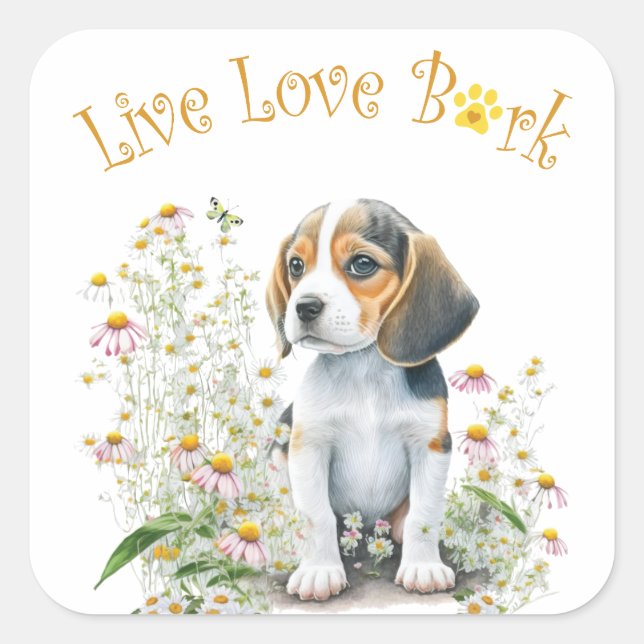 Pegatina Cuadrada Mamá Perro Beagle Floral (Anverso)