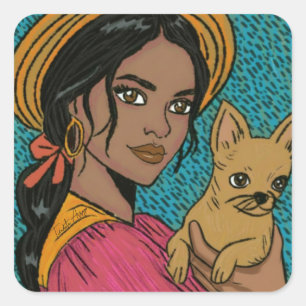 Pegatina Cuadrada Mamá Perro Chihuahua Boho Dibujado a Mano