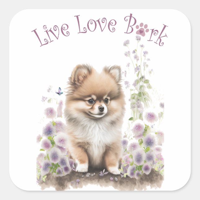 Pegatina Cuadrada Mamá Perro Pomerania Floral (Anverso)