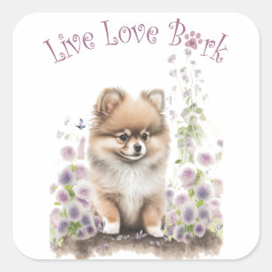Pegatina Cuadrada Mamá Perro Pomerania Floral