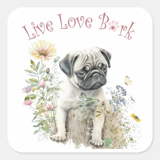 Pegatina Cuadrada Mamá Perro Pug Floral (Anverso)