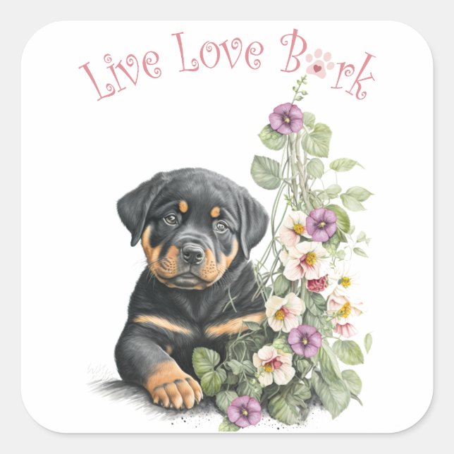 Pegatina Cuadrada Mamá Rottweiler Floral (Anverso)