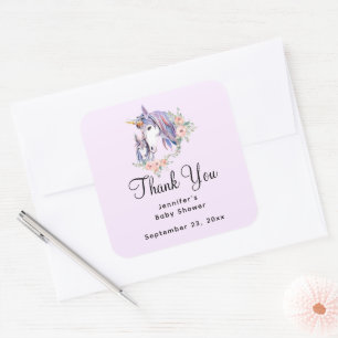 Pegatina Cuadrada Mamá Unicornio Mágico y su Bebé Agradecimiento en