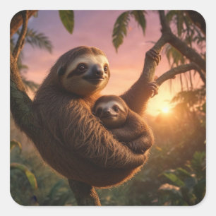 Pegatina Cuadrada Mama y Baby Sloth