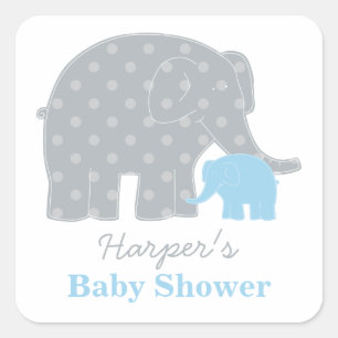 Pegatina Cuadrada Mama y bebé elefante Azul Niño Shower
