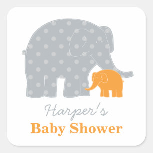 Pegatina Cuadrada Mamá y bebé elefante ducha naranja