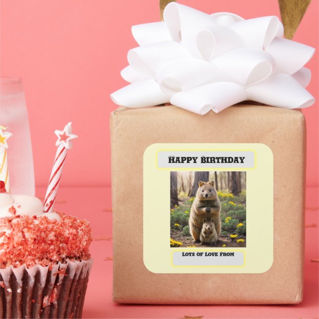 Pegatina Cuadrada Mamá Y Bebé Quokka, Cumpleaños (Fiesta)