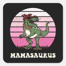 Pegatina Cuadrada Mamasaurus Funny Dinosaur on Pink Colours Sunset