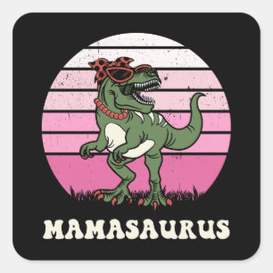 Pegatina Cuadrada Mamasaurus Funny Dinosaur on Pink Colours Sunset