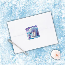 Pegatina Cuadrada Mami Polar Oso con Cub |