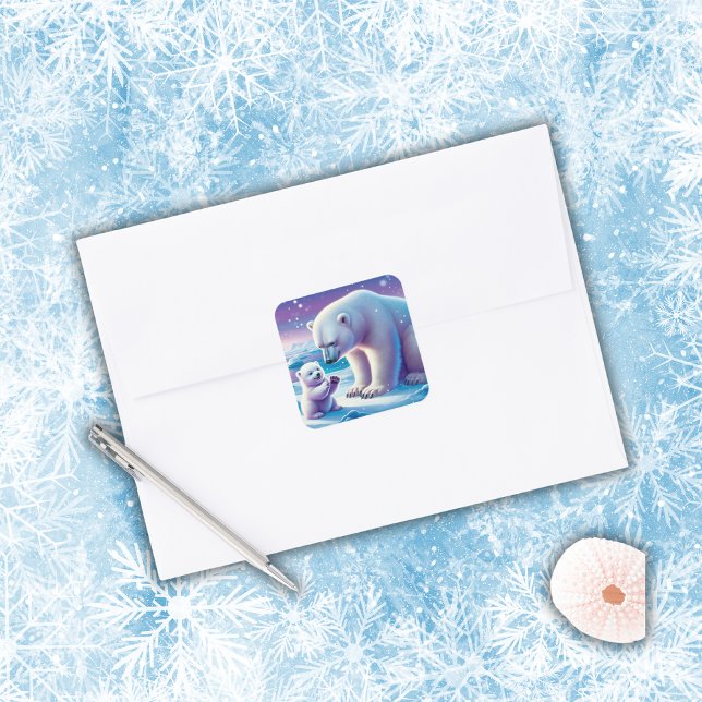 Pegatina Cuadrada Mami Polar Oso con Cub | (Subido por el creador)