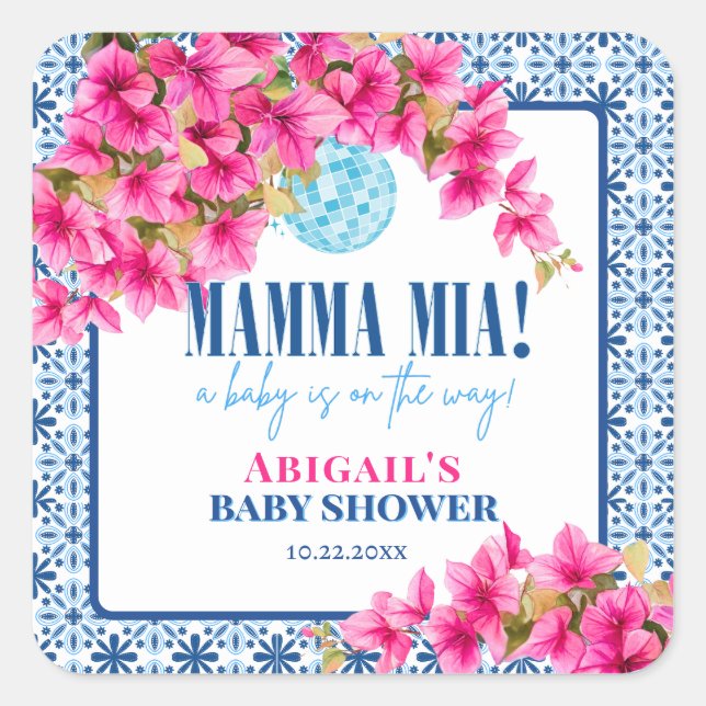 Pegatina Cuadrada Mamma Mia Baby Shower (Anverso)