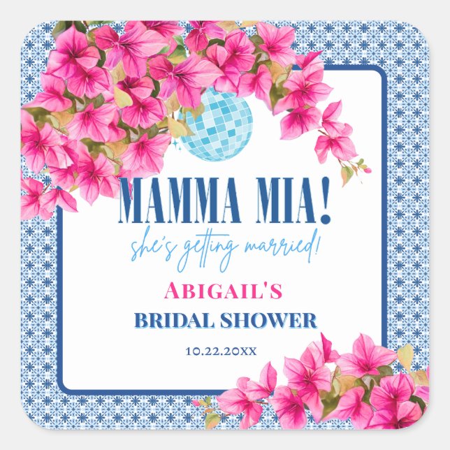 Pegatina Cuadrada Mamma Mia Bridal Shower (Anverso)