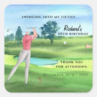 Pegatina Cuadrada Man Golf Player Swinging Fifties 50th Birthday