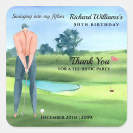 Pegatina Cuadrada Man Golf Player Swinging Into My 50th Birthday