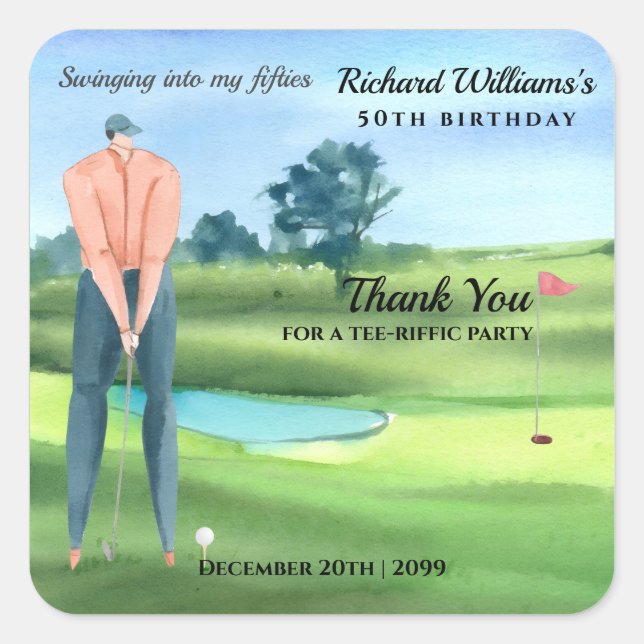 Pegatina Cuadrada Man Golf Player Swinging Into My 50th Birthday (Anverso)