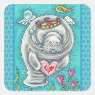 PEGATINA CUADRADA MANATEE CUPID, BURBUJAS Y CORAZONES DE VALENTINA C