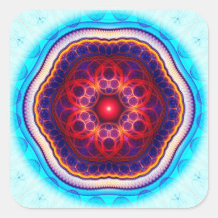 Pegatina Cuadrada Mandala azul rojo fractal armónico