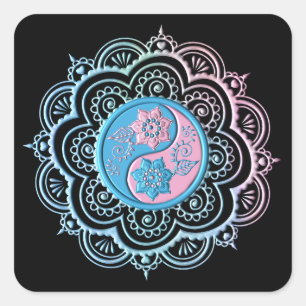 Pegatina Cuadrada Mándala azul y rosa