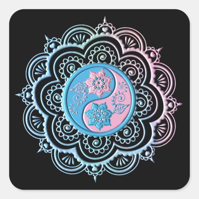 Pegatina Cuadrada Mándala azul y rosa (Anverso)