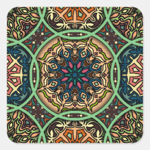 Pegatina Cuadrada Mandala colorida: Mano floral vintage dibujada