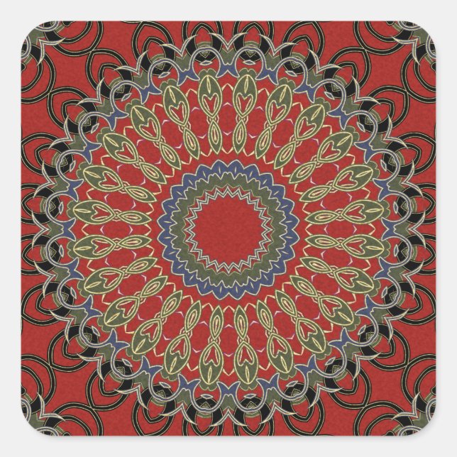 Pegatina Cuadrada Mandala roja, verde y azul (Anverso)