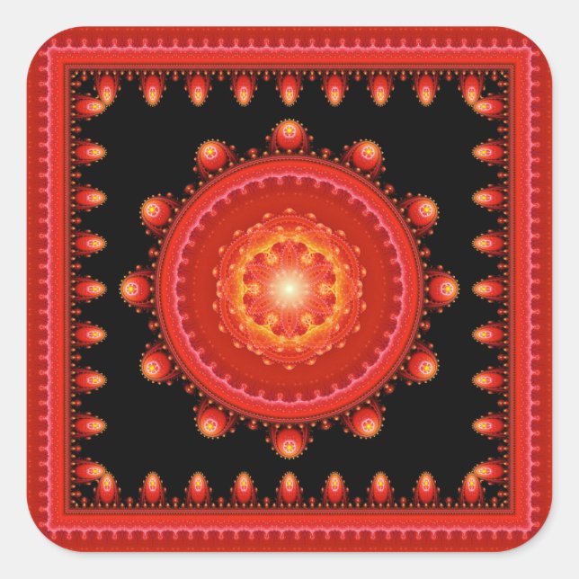 Pegatina Cuadrada Mandala rojiza fractal (Anverso)