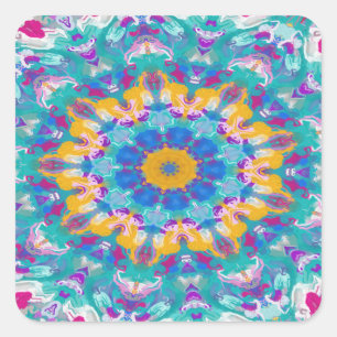 Pegatina Cuadrada Mandala rosa, azul y amarilla