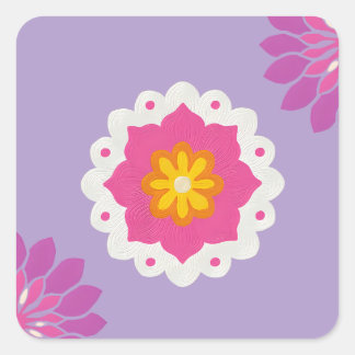 Pegatina Cuadrada mandala rosa y violeta pastel inspirada en india