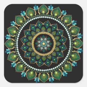Pegatina Cuadrada Mandala verde   Pintado a mano   Geometría sagrada