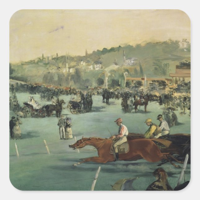 Pegatina Cuadrada Manet | Carreras de caballos, 1872 (Anverso)