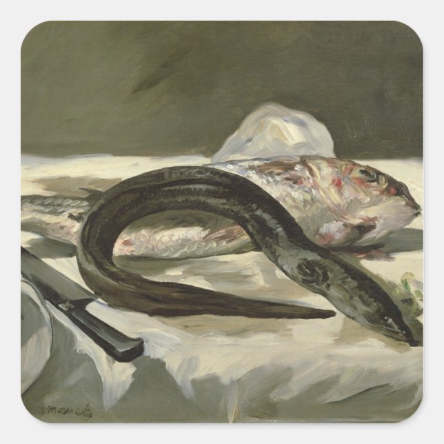 Pegatina Cuadrada Manet | Eel y Red Mullet, 1864 (Anverso)